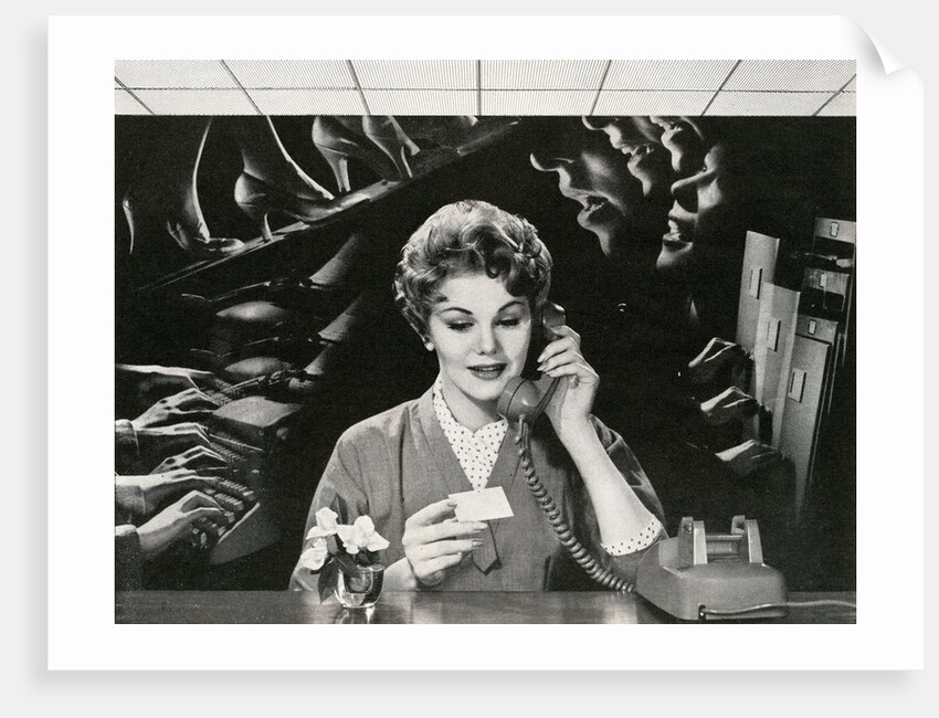 Woman Office Worker on the Phone Distracted by Noise. by Corbis