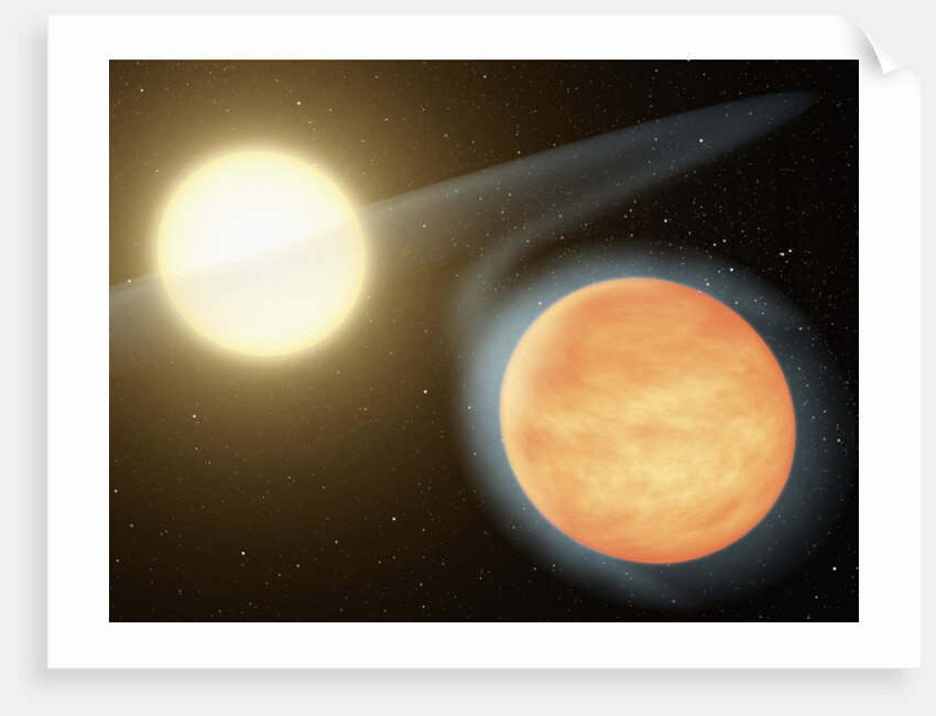 Artist's conception of the searing-hot gas planet WASP-12b (orange orb) and its star by Anonymous