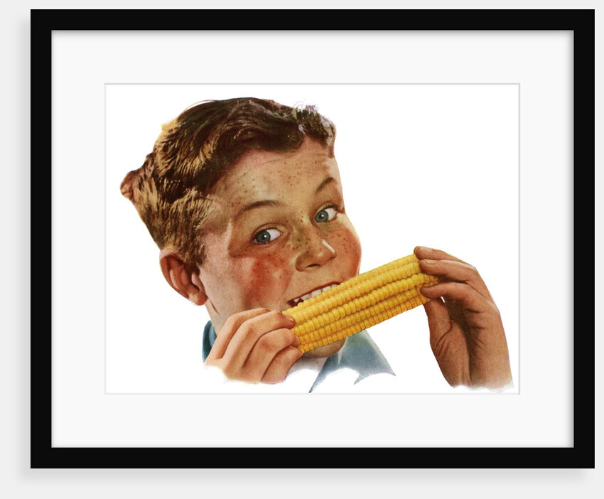 Happy Young Boy Eating Corn on the Cob. by Anonymous