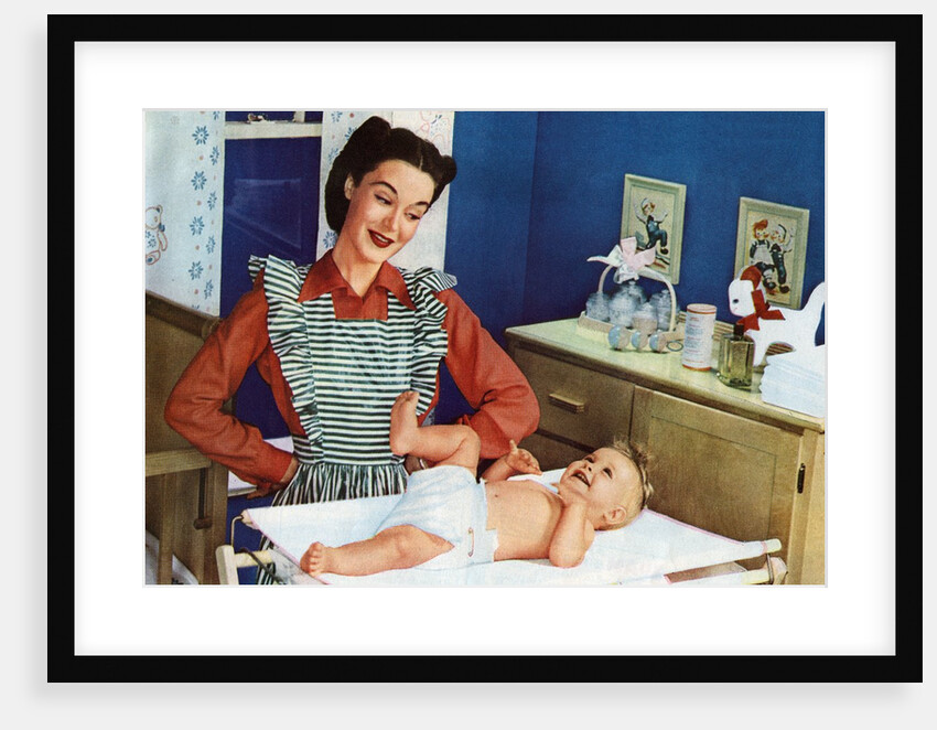 1940s Mother with Her Baby on a Changing Table in a Nursery. by Anonymous