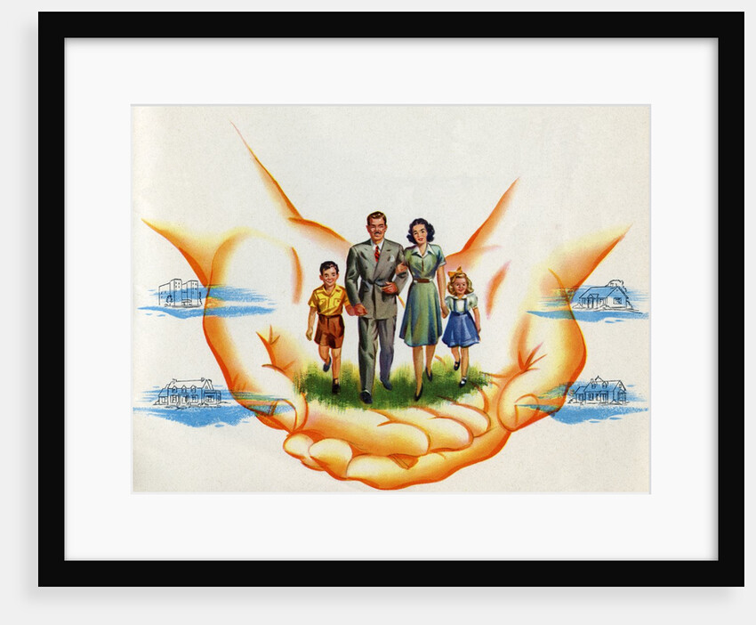 American Nuclear Family Protected by Hands.