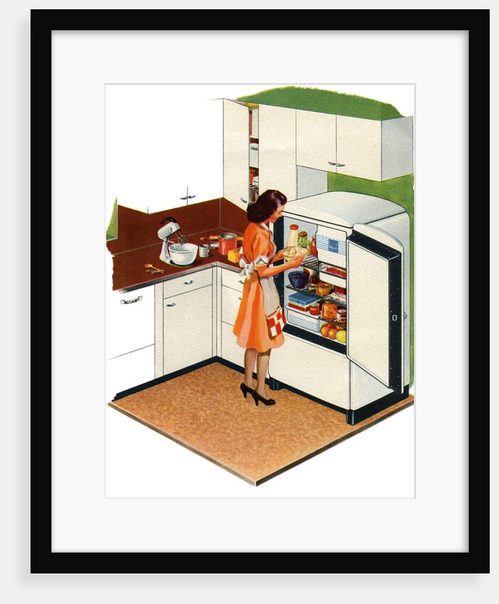 Housewife Opening Refrigerator in Kitchen of 1940s Home. by Anonymous