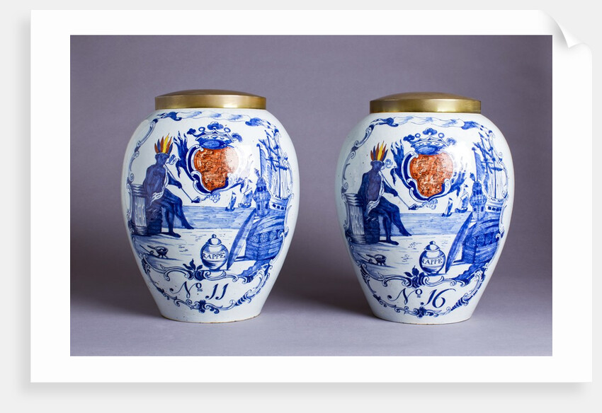 Pair of porcelain Delft blue and white tobacco jars by Anonymous