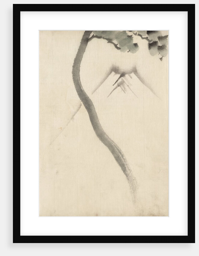 A tree trunk with branch and leaves in the foreground, with view of Mount Fuji in the background by Anonymous