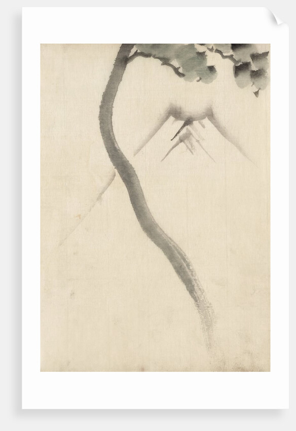 A tree trunk with branch and leaves in the foreground, with view of Mount Fuji in the background by Anonymous