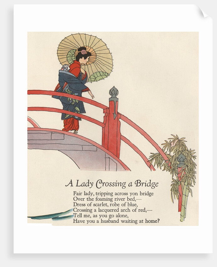 Woman in kimono crossing bridge by Anonymous