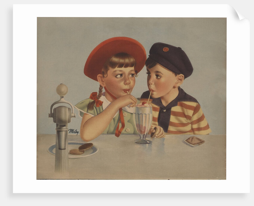 Boy and girl sharing ice cream soda by Anonymous
