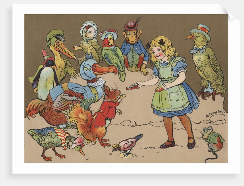 Little girl with group of animals wearing clothing by Anonymous