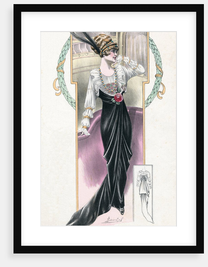 Woman modeling black and white dress and feathered hat by Anonymous