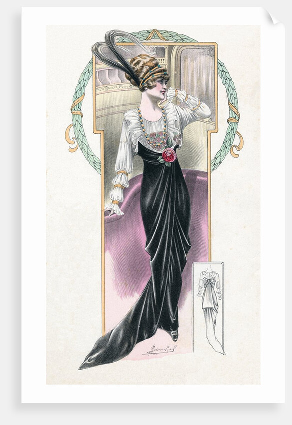 Woman modeling black and white dress and feathered hat by Anonymous