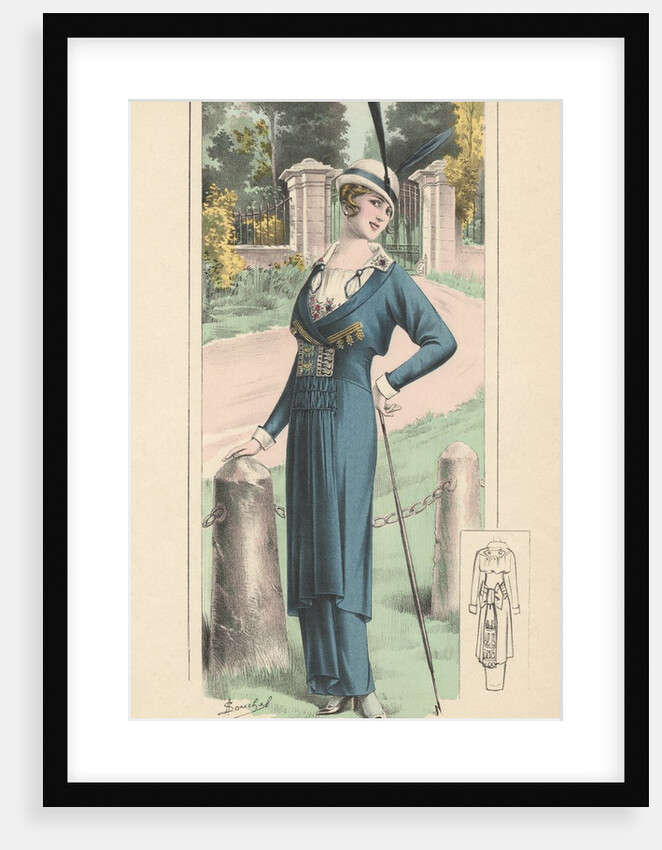 Woman modeling blue dress and feathered hat by Anonymous