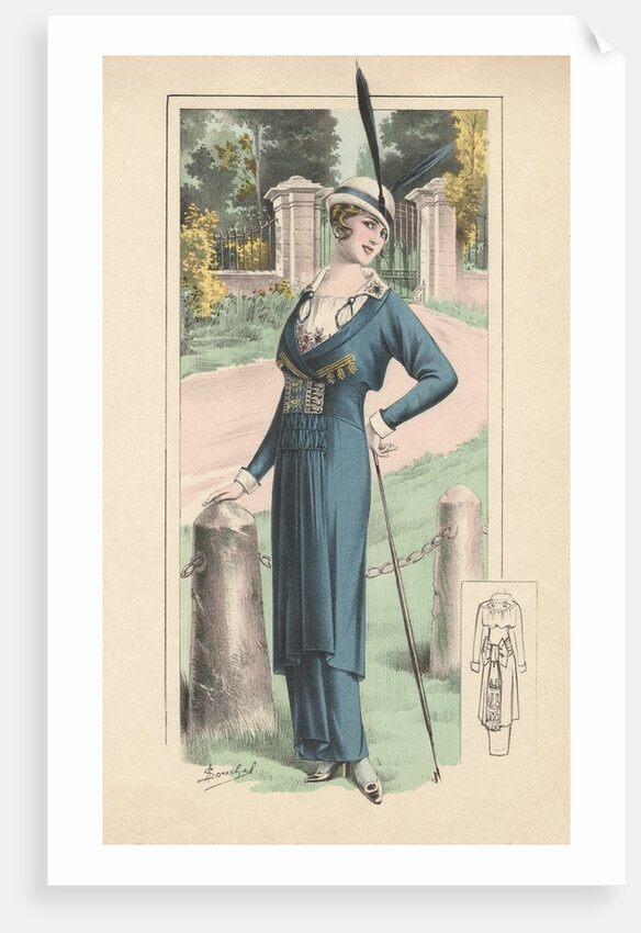 Woman modeling blue dress and feathered hat by Anonymous