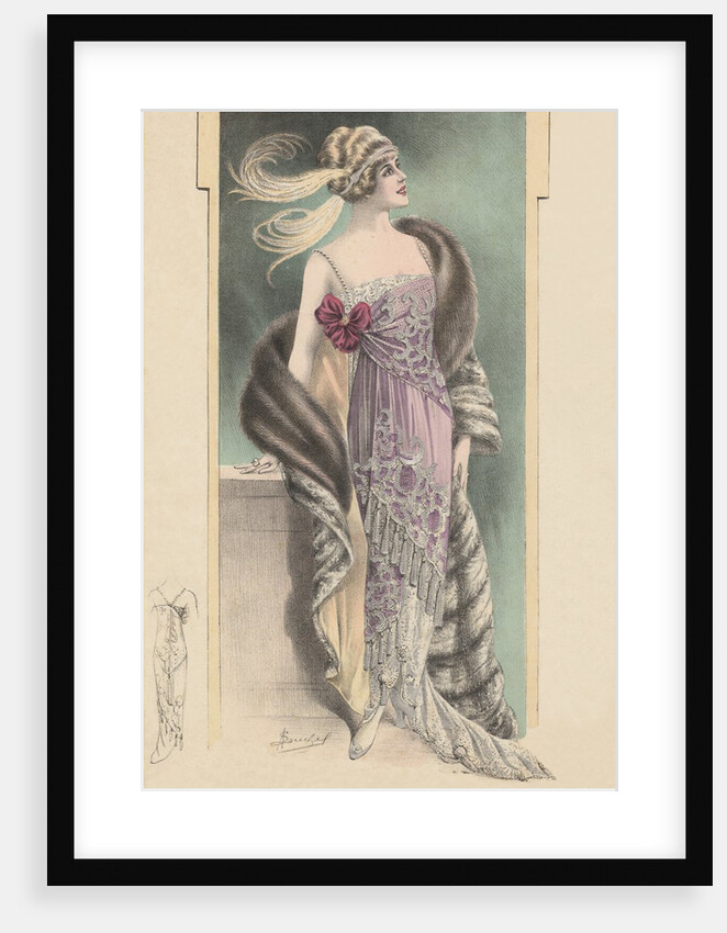 Woman modeling pink evening gown, fur stole and feathered headdress by Anonymous