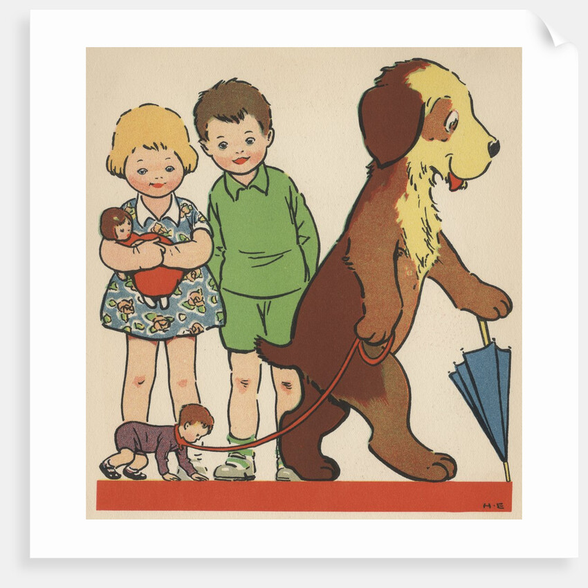 Children watching dog walking doll on leash by Anonymous