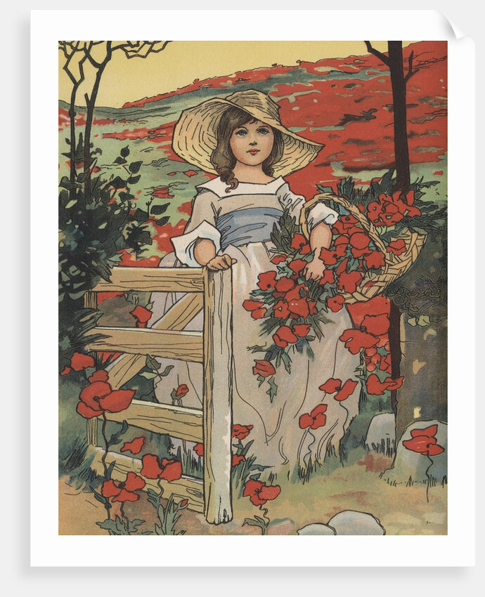 Girl carrying basket with red flowers by Anonymous