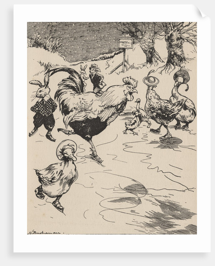 Rabbits, ducks and rooster ice skating on pond by Anonymous