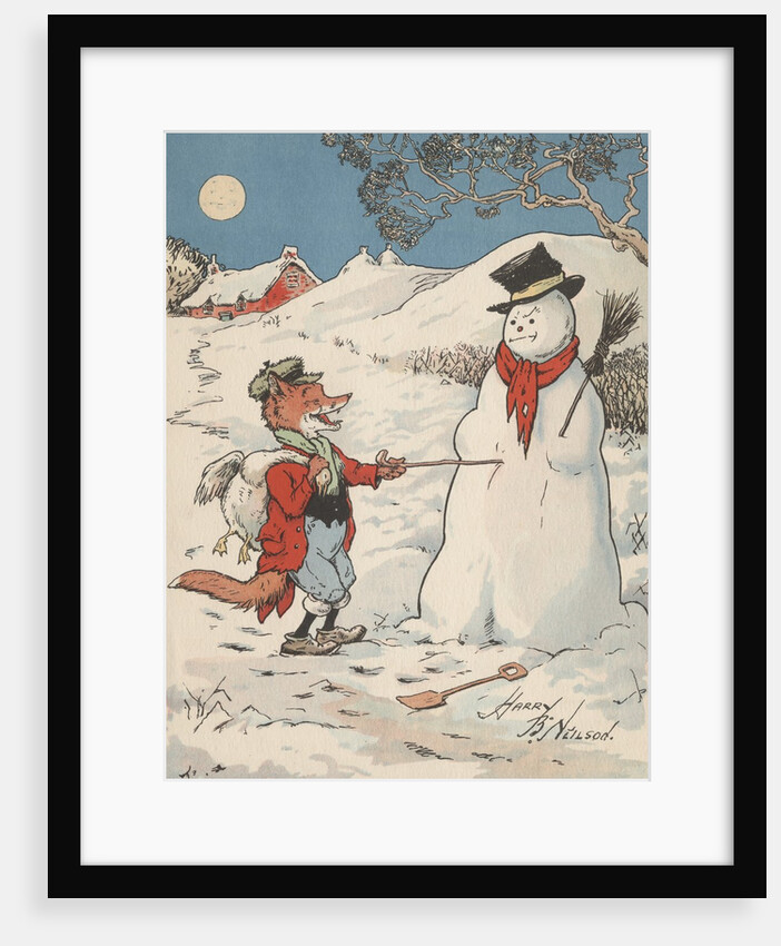 Laughing fox poking snowman on snowy trail by Anonymous