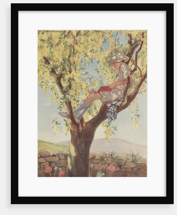 Child reading book in tree by Anonymous