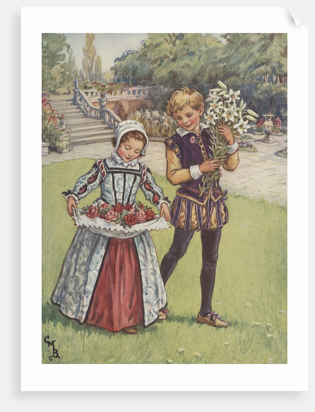 Boy and girl in Elizabethan dress carrying flowers by Anonymous