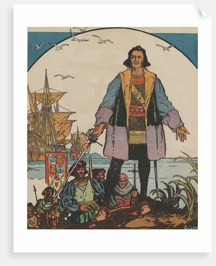 Christopher Columbus standing on shore by Anonymous