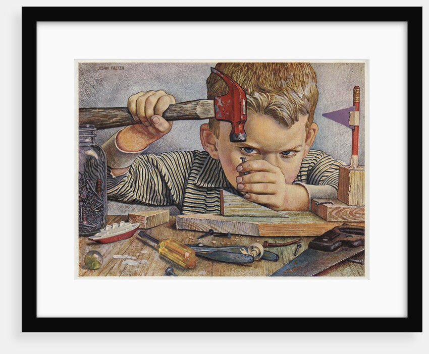 Determined looking boy hammering nail by Anonymous
