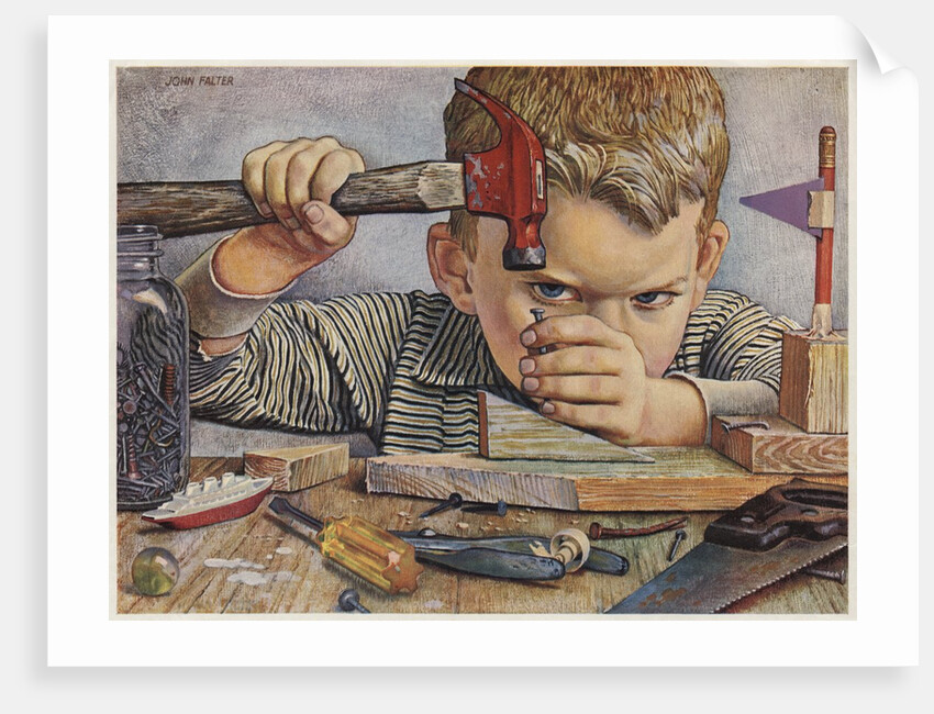 Determined looking boy hammering nail by Anonymous