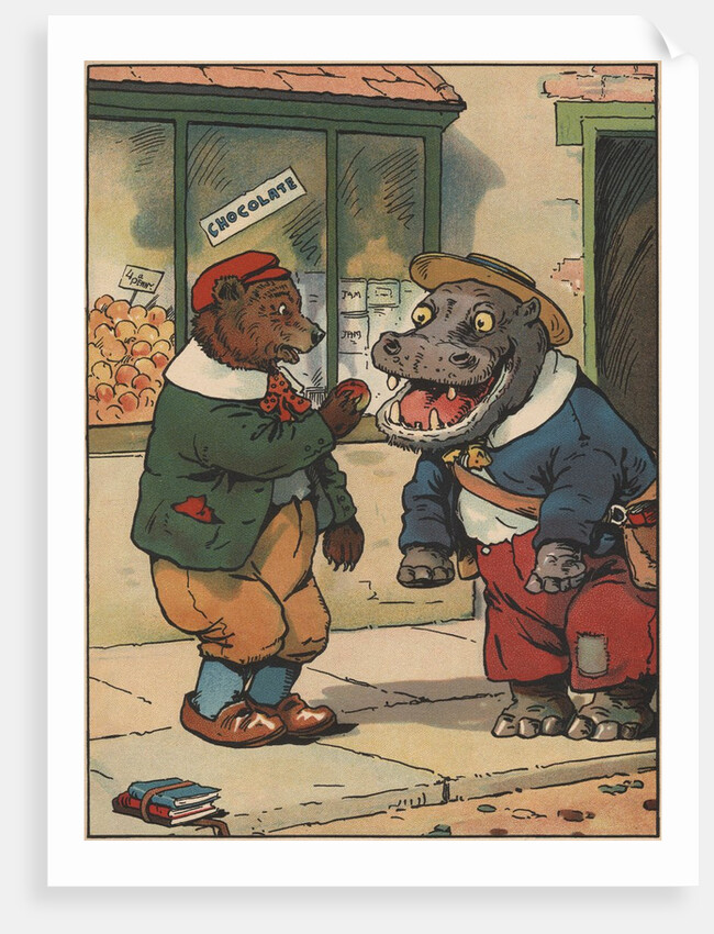 Bear feeding apple to hippo by Anonymous