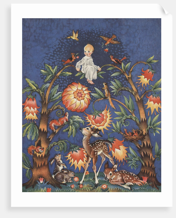 Baby sitting atop bower of trees and flowers by Anonymous