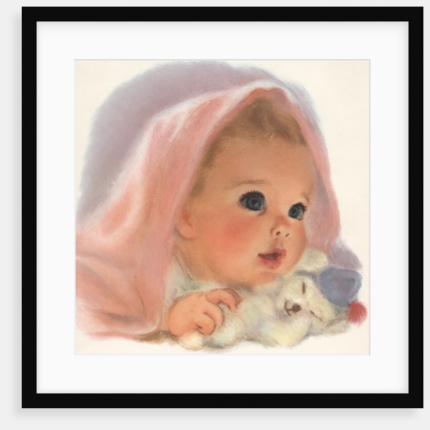 Baby girl with pink blanket and toy by Anonymous