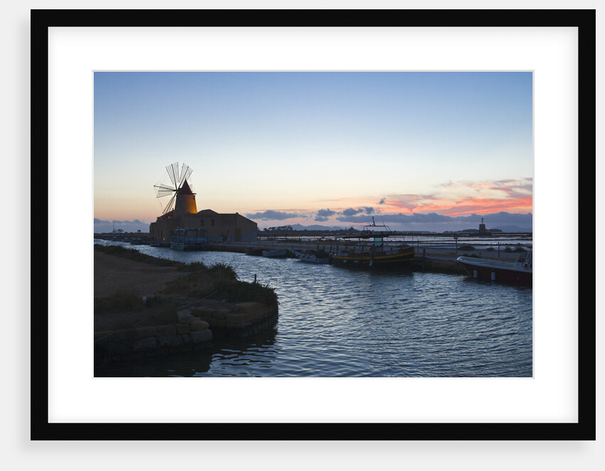 Windmill and saltworks at dusk , Marsala, Sicily, Italy by Anonymous
