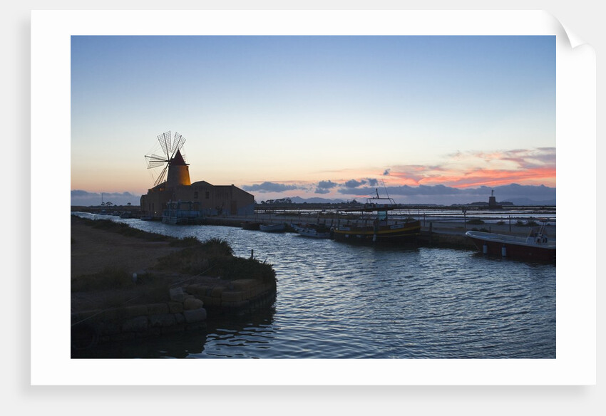 Windmill and saltworks at dusk , Marsala, Sicily, Italy by Anonymous