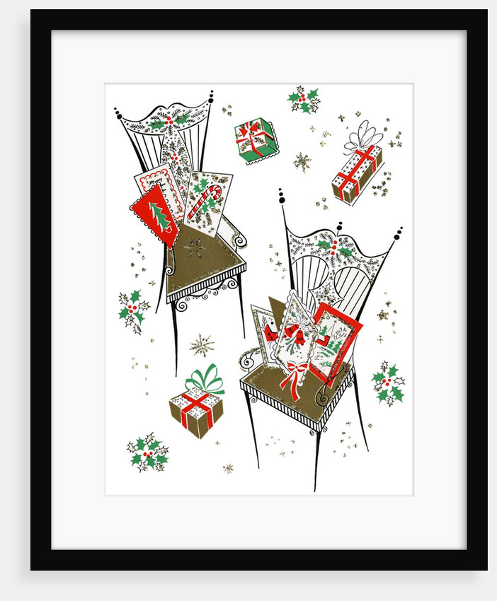 Vintage Illustration of Chairs with Christmas Cards and Gifts by Anonymous