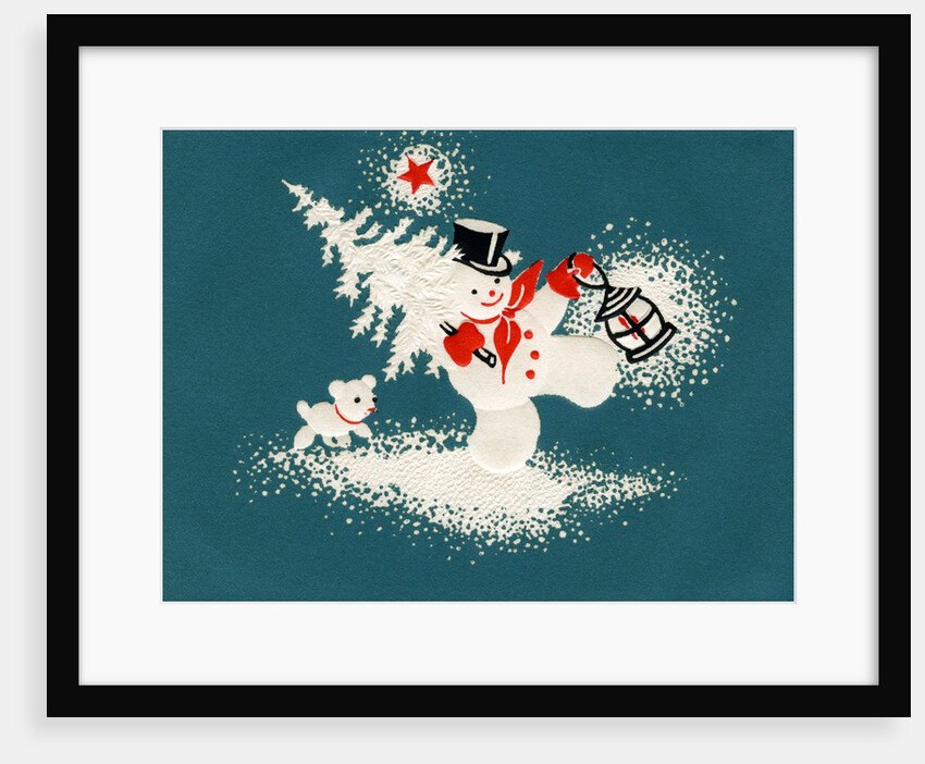 Vintage Illustration of Christmas Snowman with Tree by Anonymous