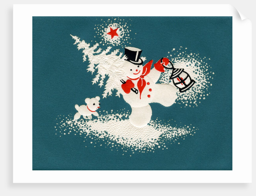 Vintage Illustration of Christmas Snowman with Tree by Anonymous