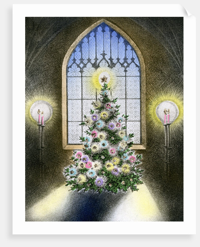Vintage Illustration of Christmas Tree by a Church Window. by Anonymous