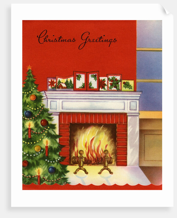 Vintage Illustration of Christmas Tree by Fireplace by Anonymous