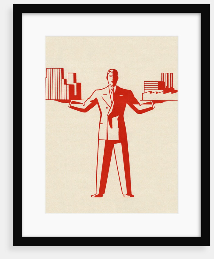 Businessman holding office building and factory by Anonymous