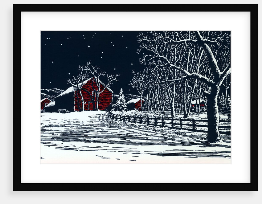 Red Barn in a Snowy Night Landscape by Anonymous