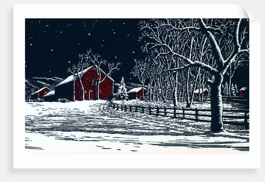Red Barn in a Snowy Night Landscape by Anonymous