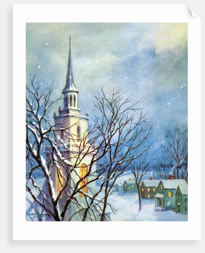 Church Steeple and Small Town at Christmas by Anonymous