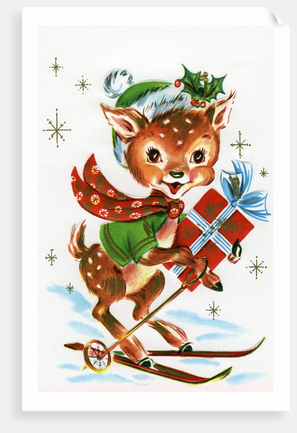 Vintage Illustration of a Christmas Reindeer on Skiis by Anonymous