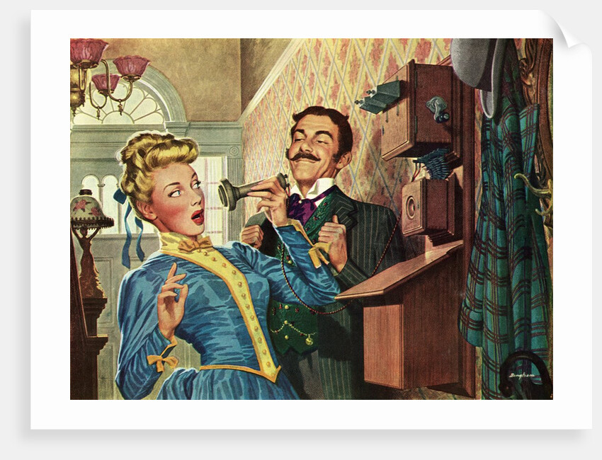 Amazed Woman Listening to Her First Telephone Call by Anonymous