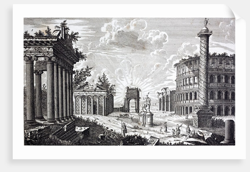 Roman Ruins. An 18th century engraving labelling key public buildings: by Anonymous