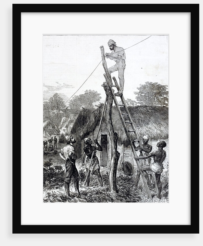 An 1874 newpaper engraving of the Ashanti War showing military personnel erecting a telegraph wire by Anonymous