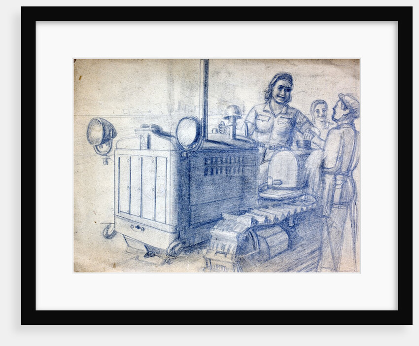 Drawing of a Soviet woman on a tracked tractor by Anonymous
