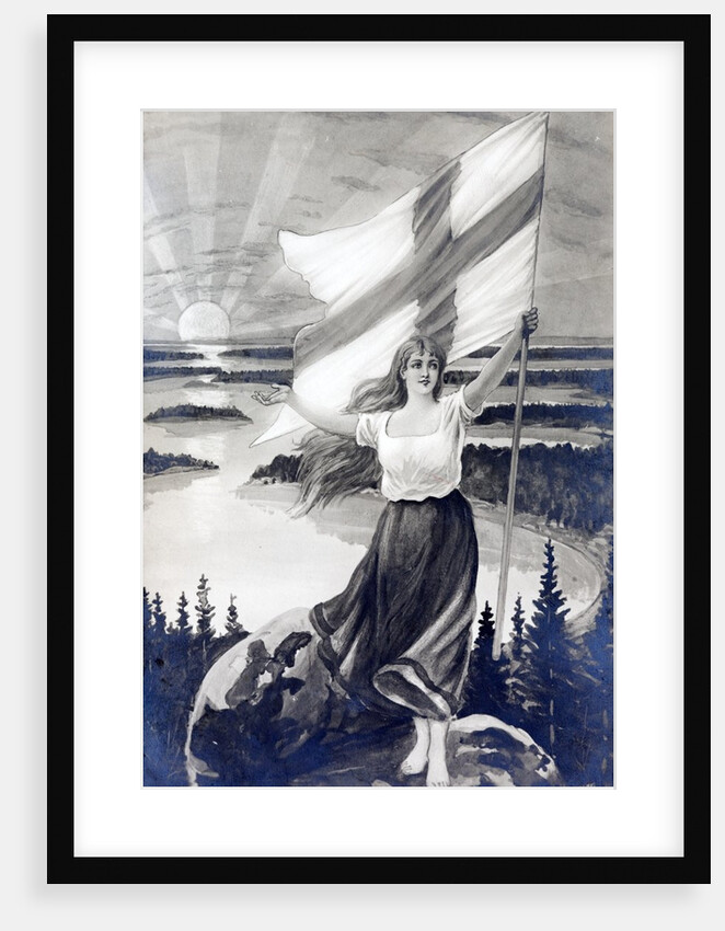 Patriotic Finnish maiden holding the raised flag of Finland by Anonymous
