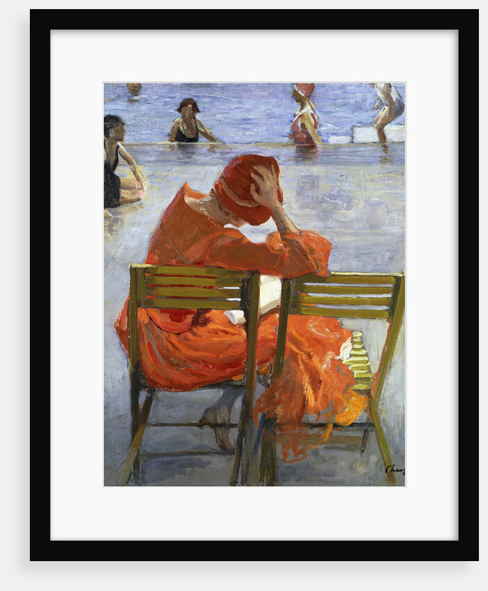 Girl in a Red Dress, Seated by a Swimming Pool by John Lavery