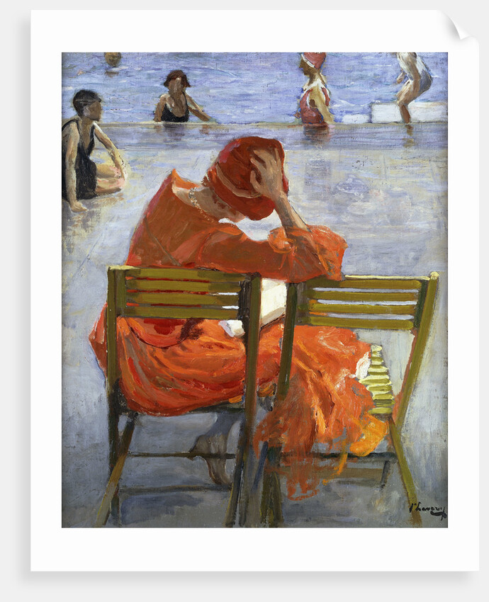 Girl in a Red Dress, Seated by a Swimming Pool by John Lavery