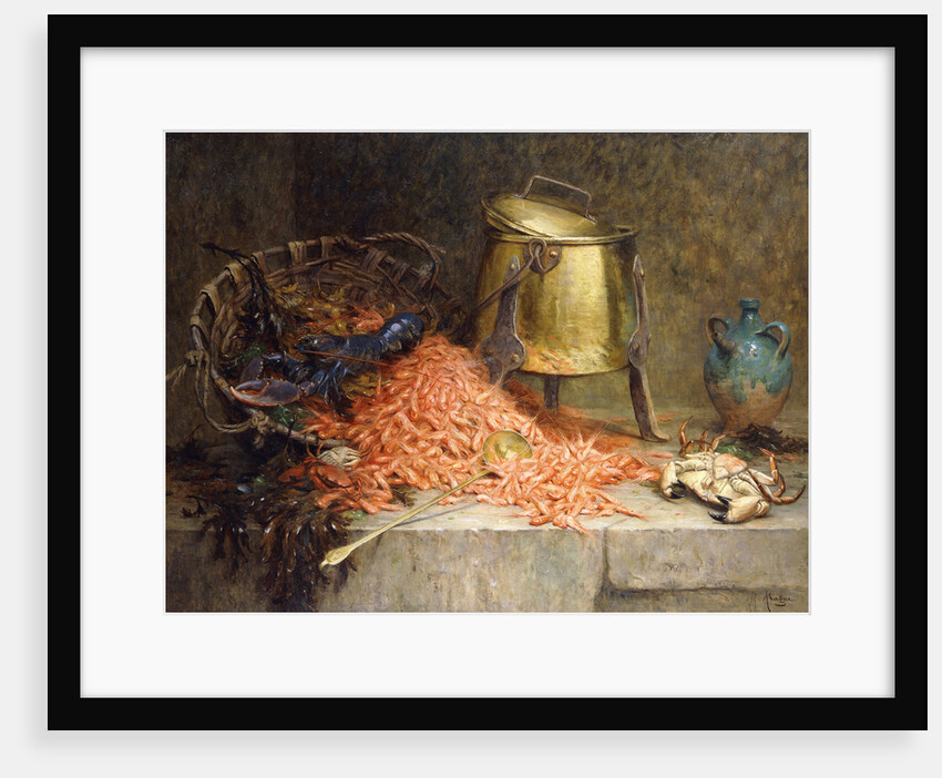 A Lobster, Shrimps and a Crab by an Urn on a Stone Ledge by Desire-Alfred Magne