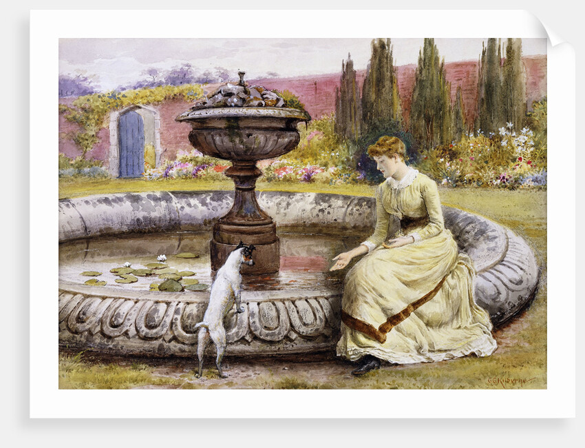 A Lady and a Dog Beside an Ornamental Pool by George Goodwin Kilburne